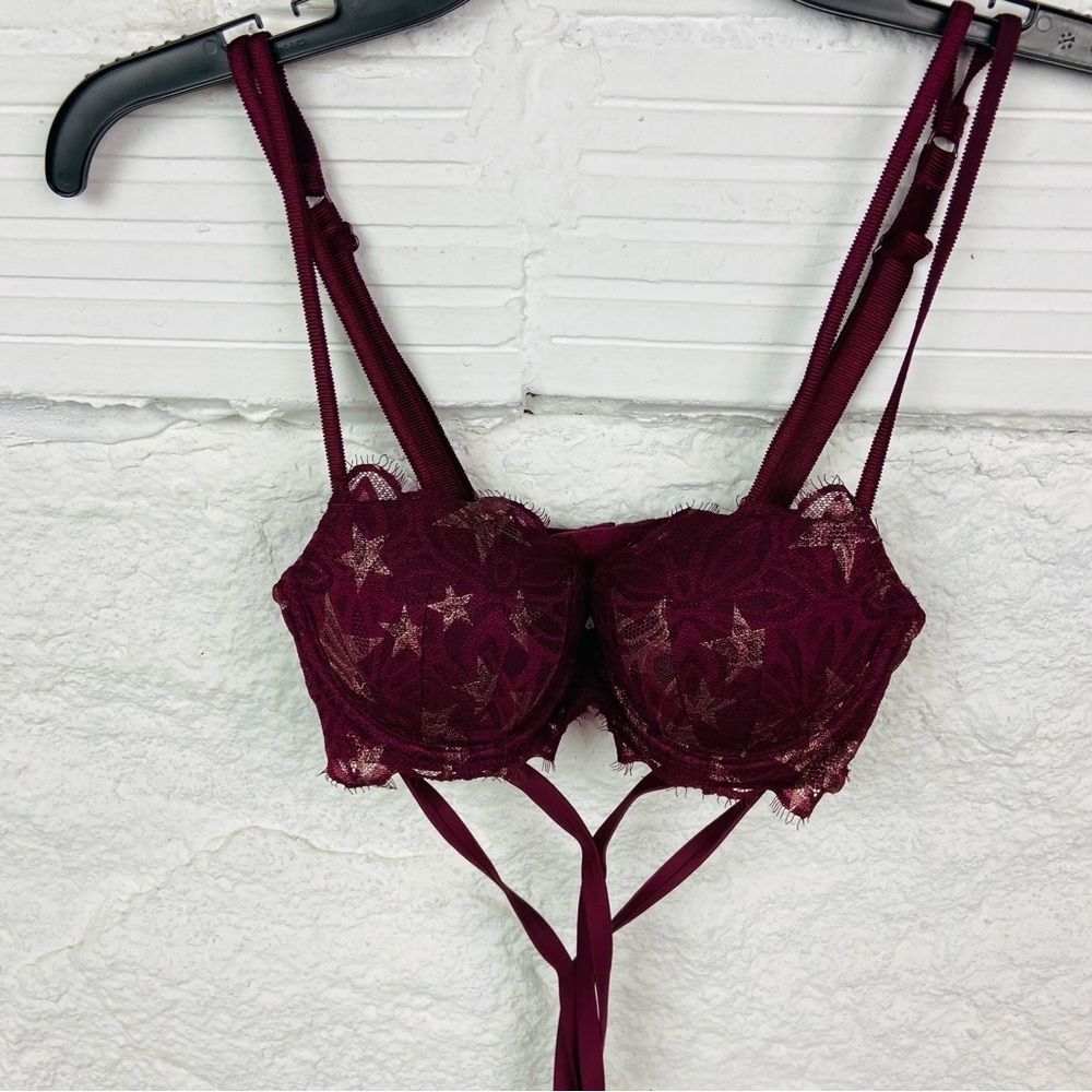 VICTORIAS SECRET PINK Burgundy gold star date night push up sexy bra size 34A - Picture 4 of 12